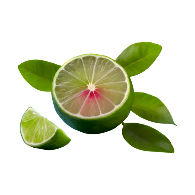 Fresh sliced lime half and wedge with green leaves