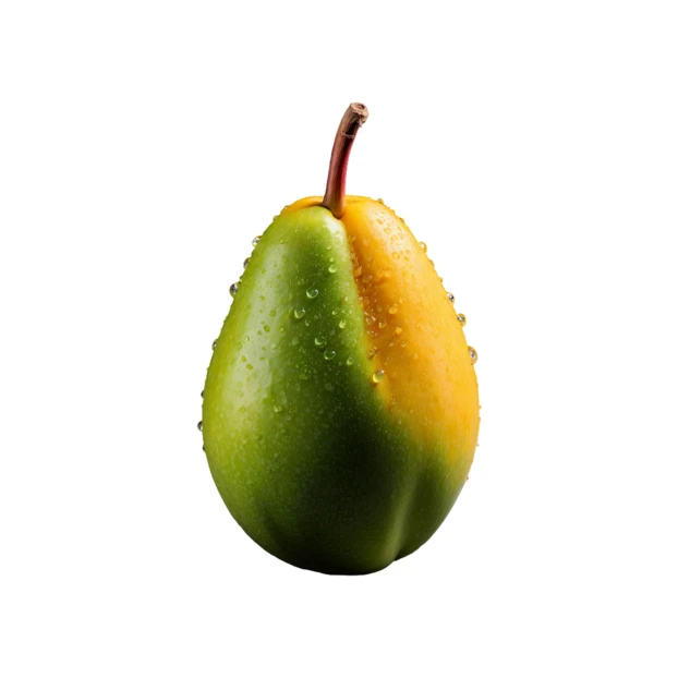 Fresh green and yellow bicolor pear with water droplets