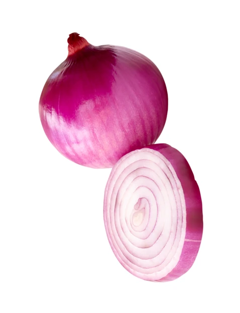 Whole and sliced red onion isolated on white background
