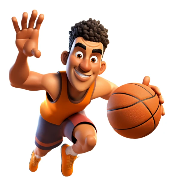 3D cartoon basketball player dribbling ball on white background