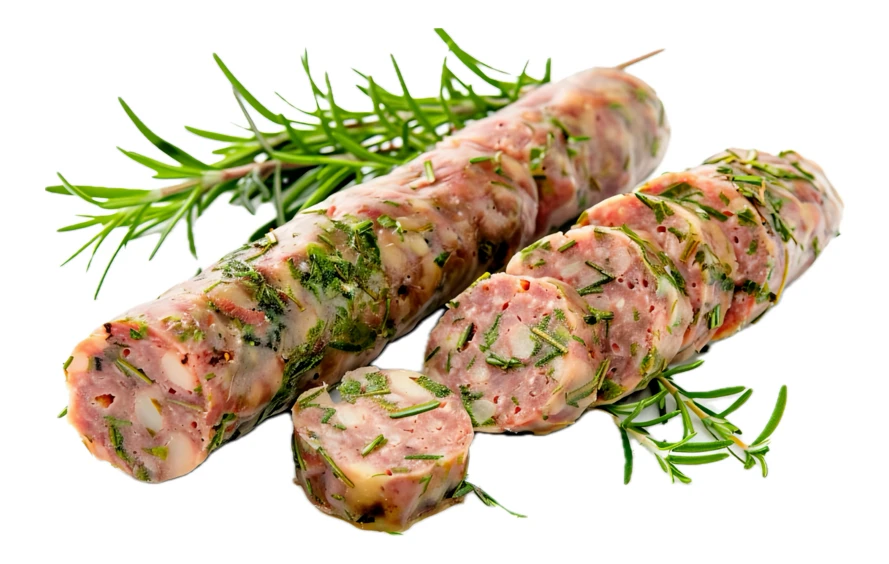 Raw herb sausages with rosemary slices isolated on white