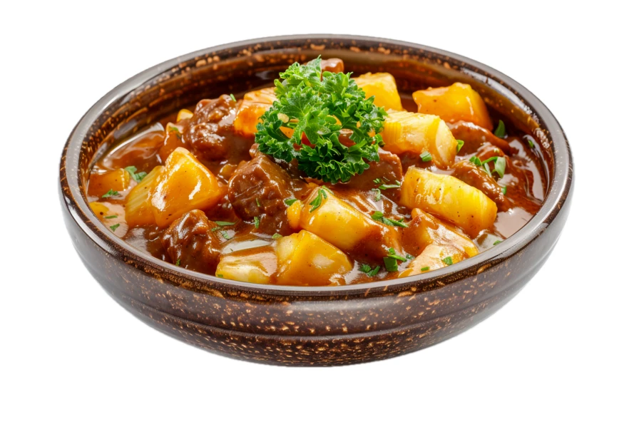 Hearty beef stew with potatoes in a ceramic bowl