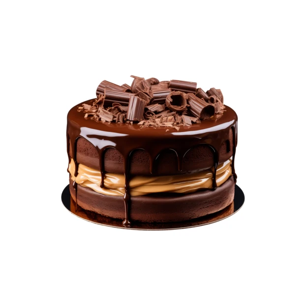 Chocolate drip cake with caramel filling and chocolate shavings