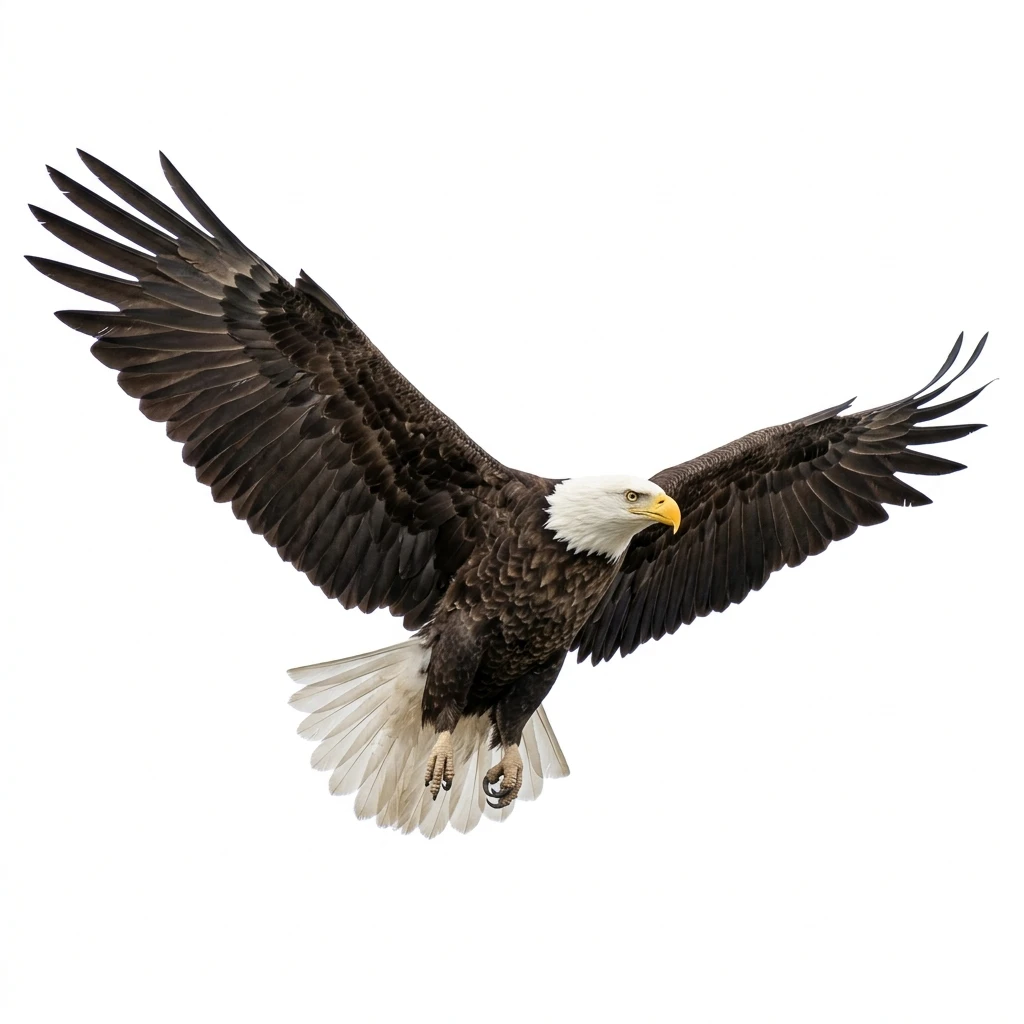 Bald eagle in flight with wings spread on white background