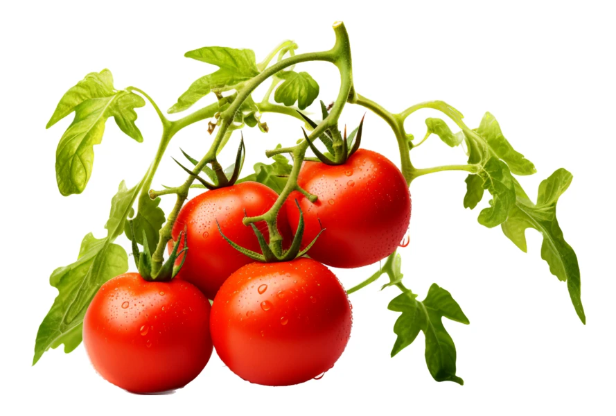 Fresh ripe red tomatoes on vine with green leaves