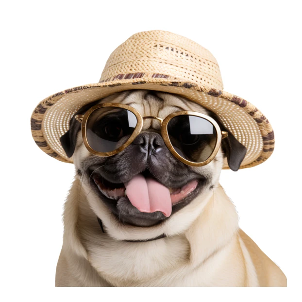 Happy pug wearing sunglasses and straw hat isolated on white
