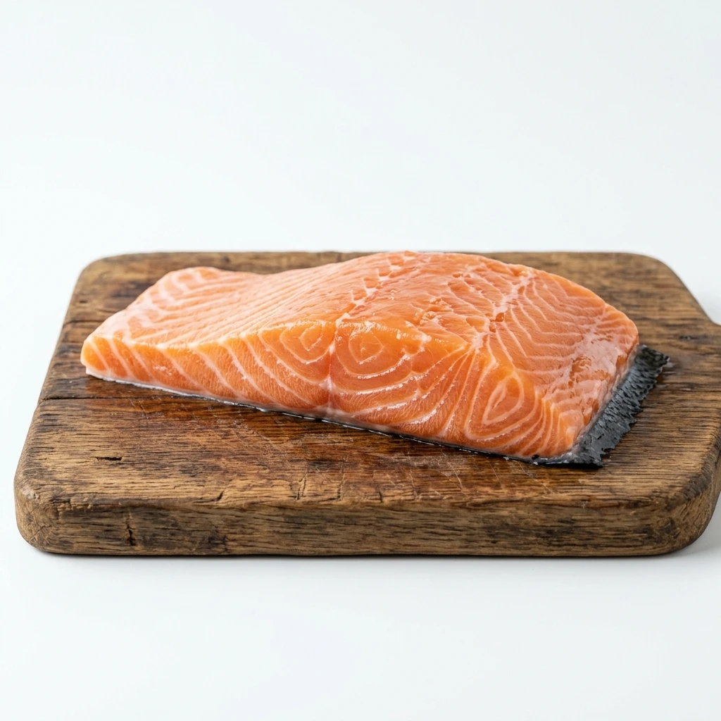 Fresh raw salmon fillet on wooden cutting board