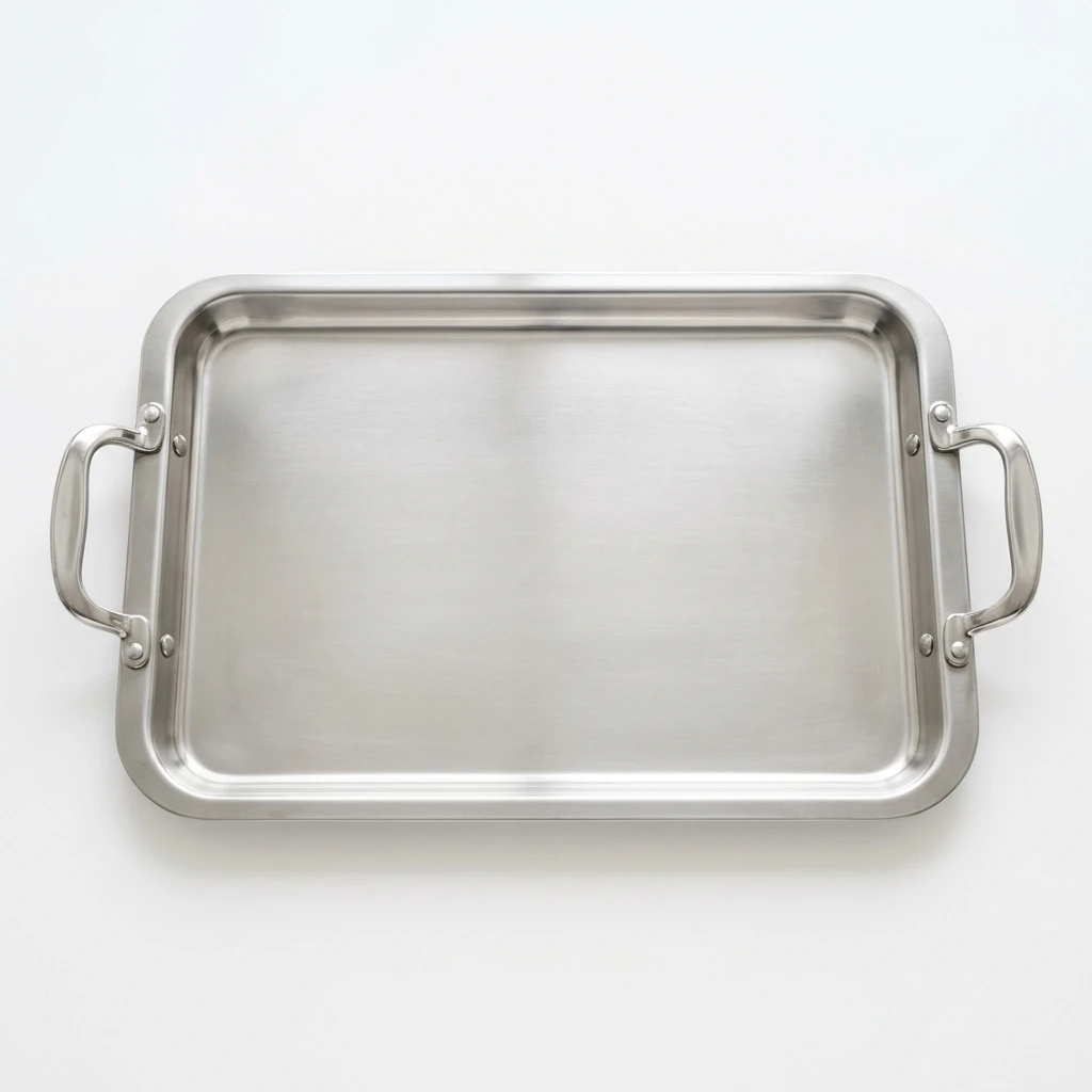 Stainless steel serving tray with handles on white background