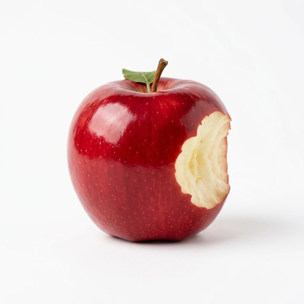 Shiny red apple with a bite on white background