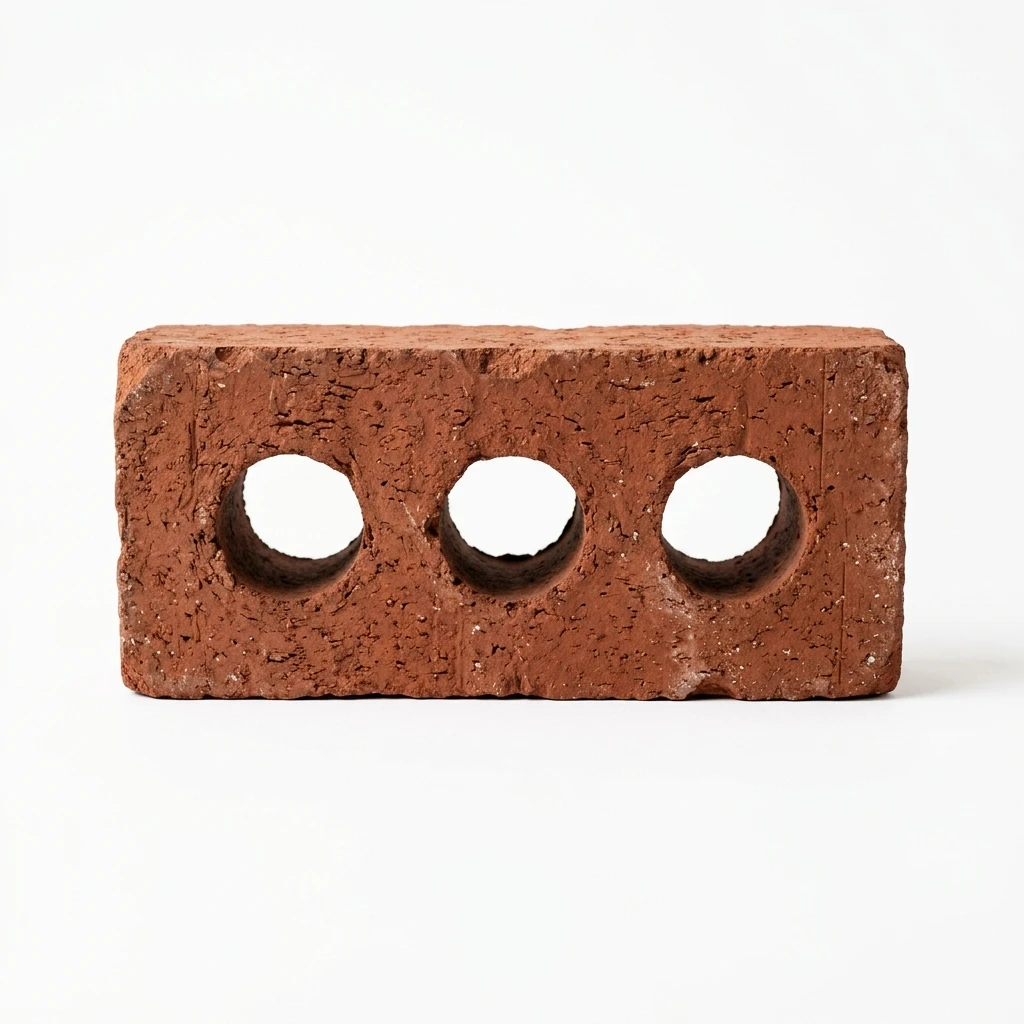 Single red clay brick with three holes on white background