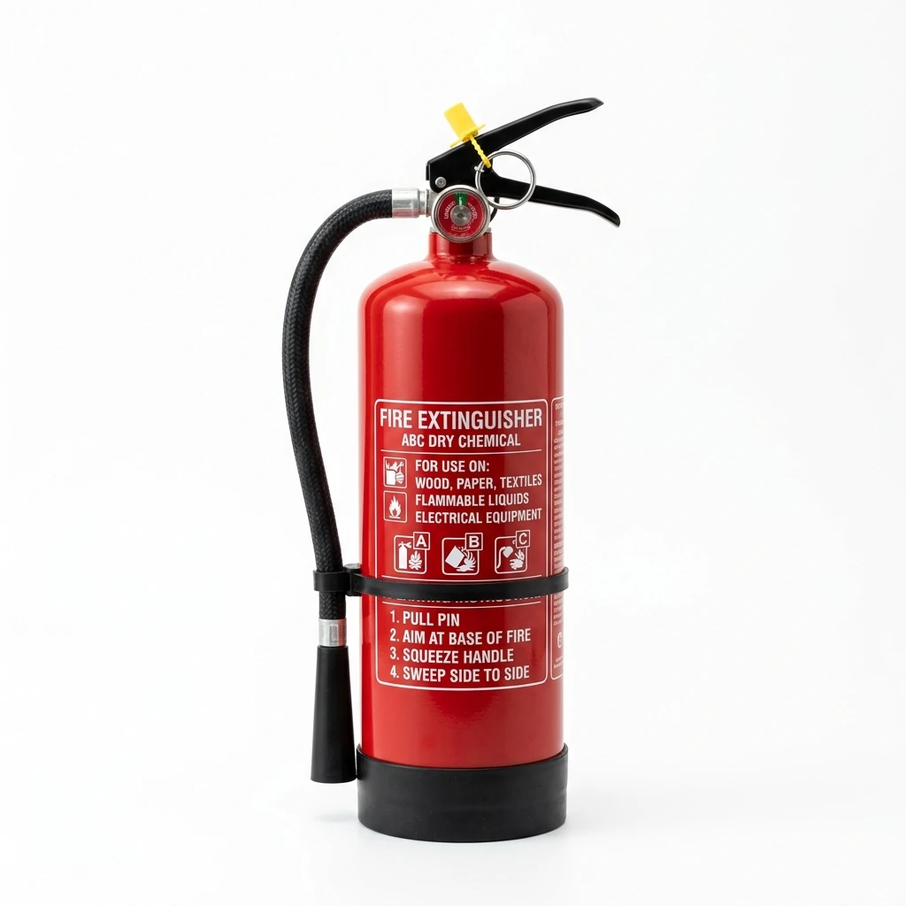 Red ABC dry chemical fire extinguisher on white background