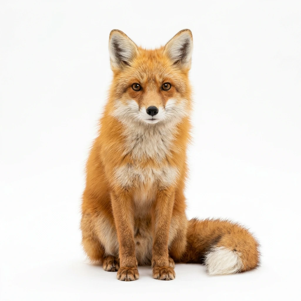 Red fox sitting and looking at camera on white background