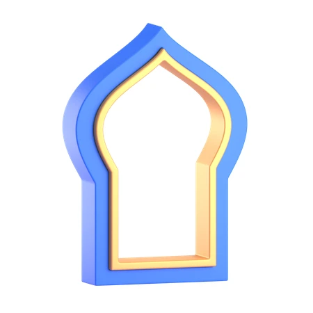 3D blue and gold Islamic arch frame on white background