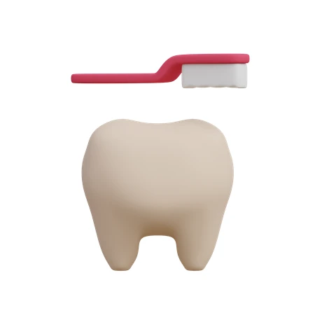 3D illustration of a tooth and pink toothbrush icon