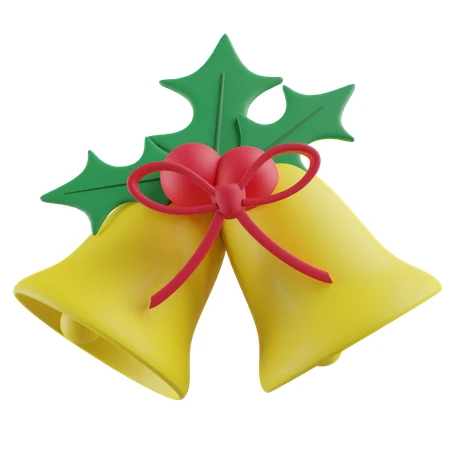 3D render of yellow Christmas bells with holly and ribbon