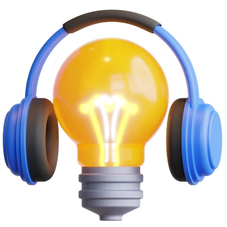 3D render of a glowing lightbulb wearing blue headphones