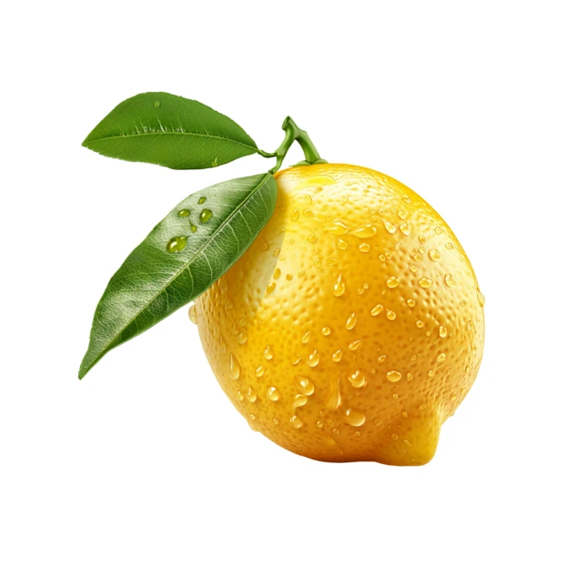 Fresh yellow lemon with green leaves and water droplets