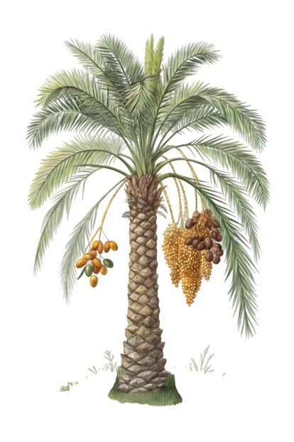 Botanical illustration of a date palm tree with fruit