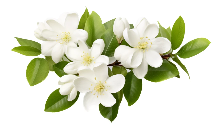White jasmine blossoms with green leaves on white background