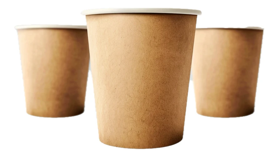 Three disposable brown paper coffee cups on white background