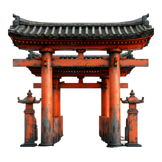 Traditional Japanese vermilion torii gate isolated on white background