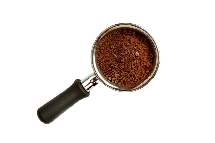Portafilter filled with ground coffee isolated on white background