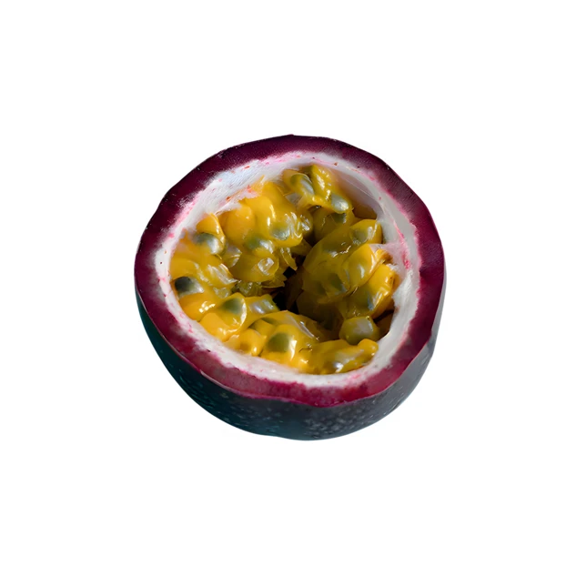Half of a fresh passion fruit isolated on white background