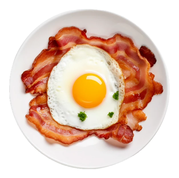Fried egg and crispy bacon on a white plate