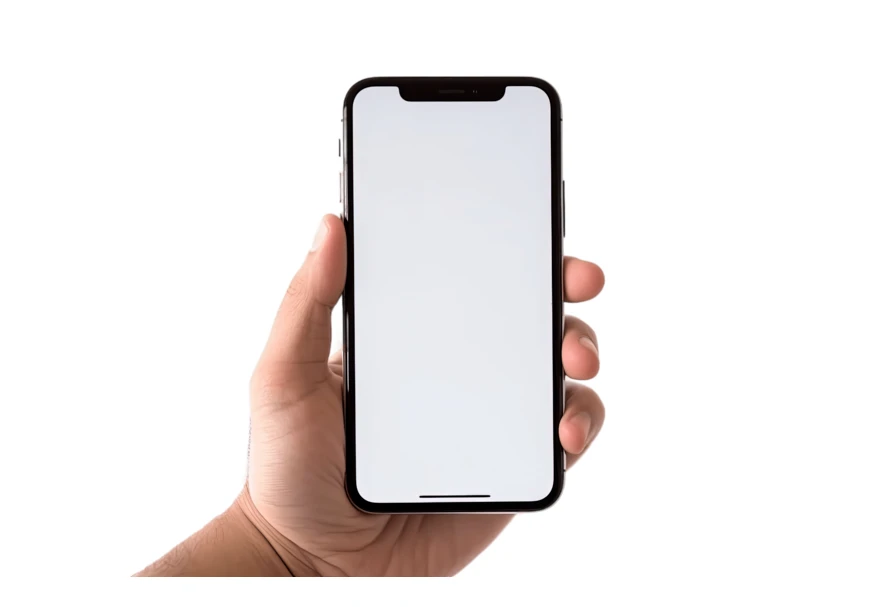 Hand holding modern smartphone with blank screen isolated on white