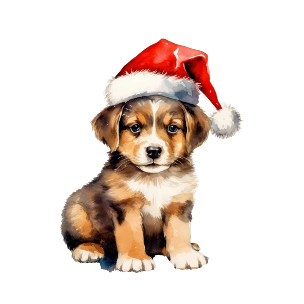 Watercolor illustration of a cute puppy wearing a Santa hat