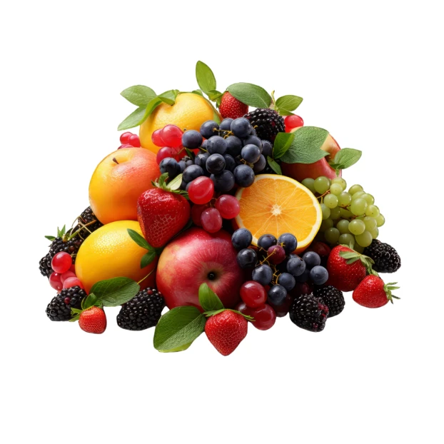Fresh mixed fruits and berries isolated on white background