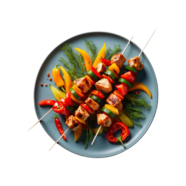 Grilled chicken and vegetable skewers on a plate