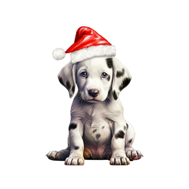 Cute Dalmatian puppy wearing a Santa hat isolated on white