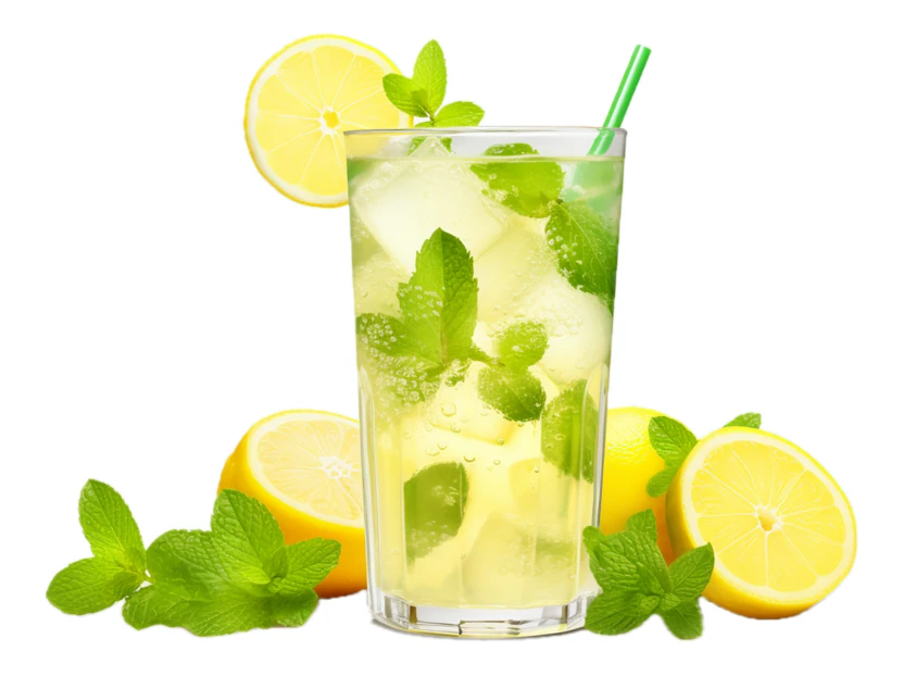 Refreshing glass of iced lemonade with mint and lemons
