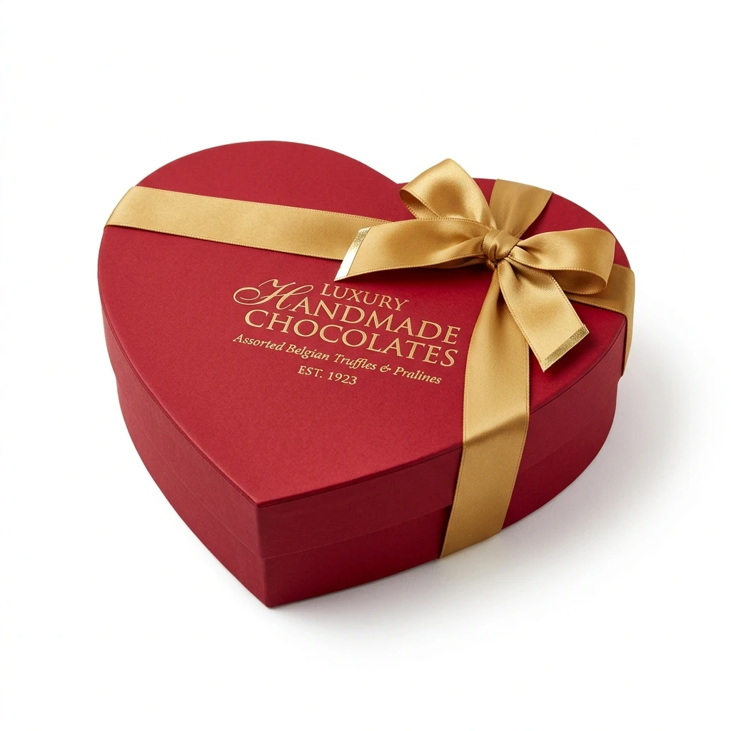 Red heart shaped luxury chocolate gift box with gold ribbon