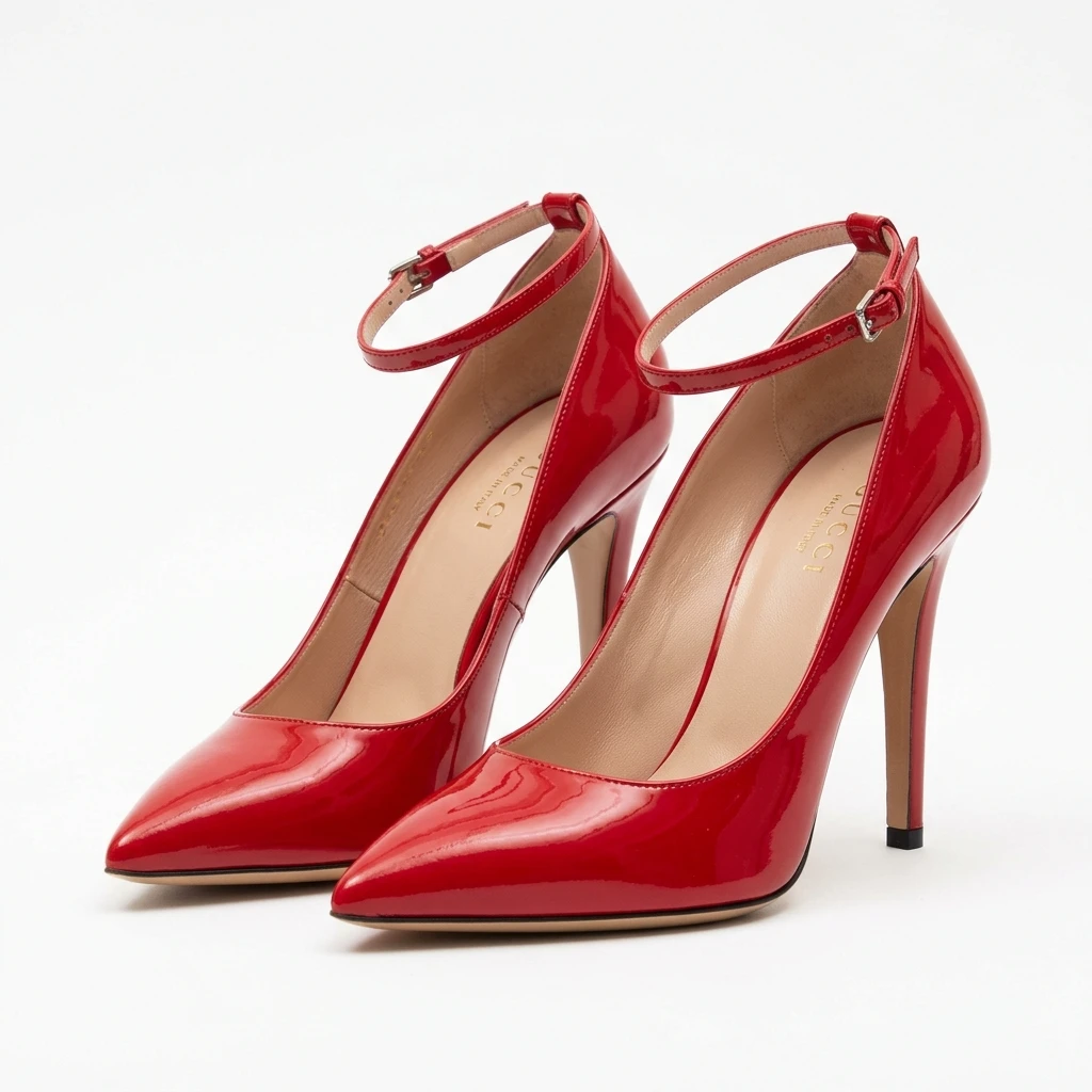 Red patent leather high heel pumps with ankle straps