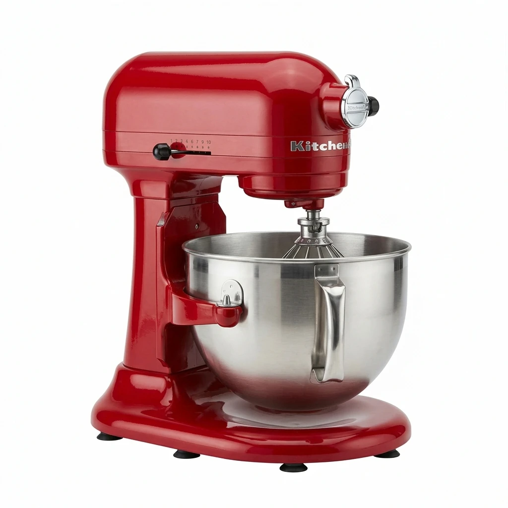 Red electric stand mixer with stainless steel bowl