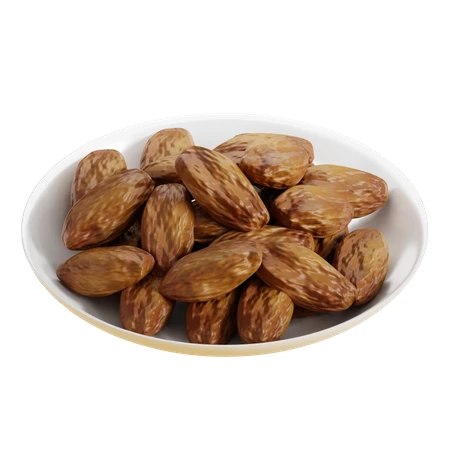 Whole roasted almonds in a white bowl isolated on white