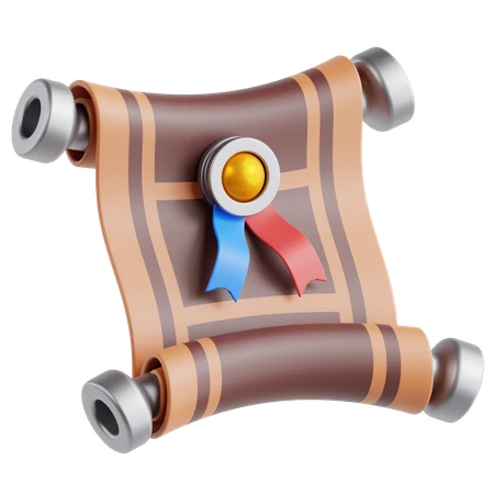 3D rendered ancient parchment scroll with gold seal and ribbons
