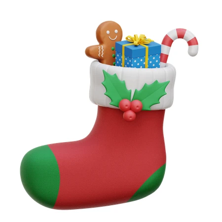 3D Christmas stocking filled with gifts and gingerbread man