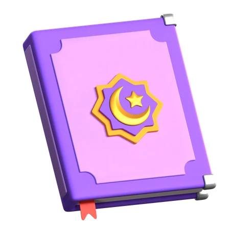 3D purple Holy Quran book with golden crescent and star