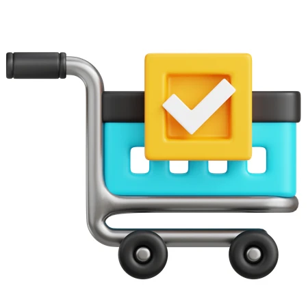 3D shopping cart icon with a white checkmark symbol