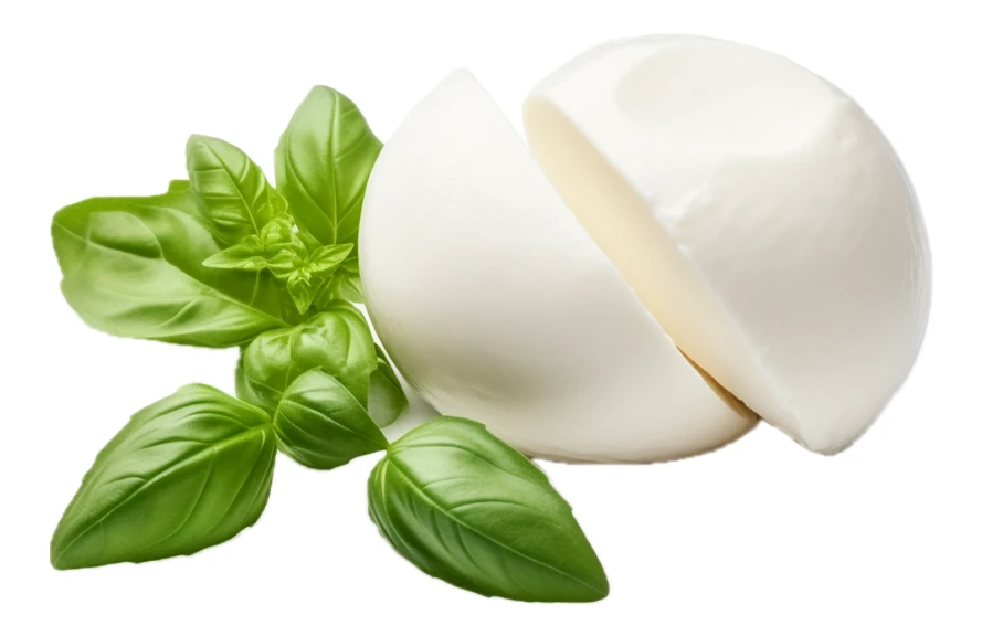 Fresh mozzarella cheese ball with basil leaves on white background