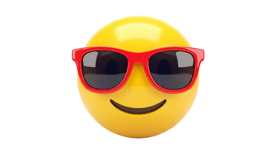 Smiling yellow emoji wearing red sunglasses isolated on white