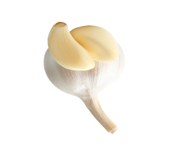 Fresh garlic bulb and peeled cloves isolated on white background