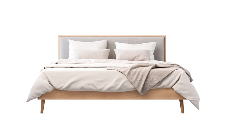 Modern wooden double bed with white bedding isolated on white