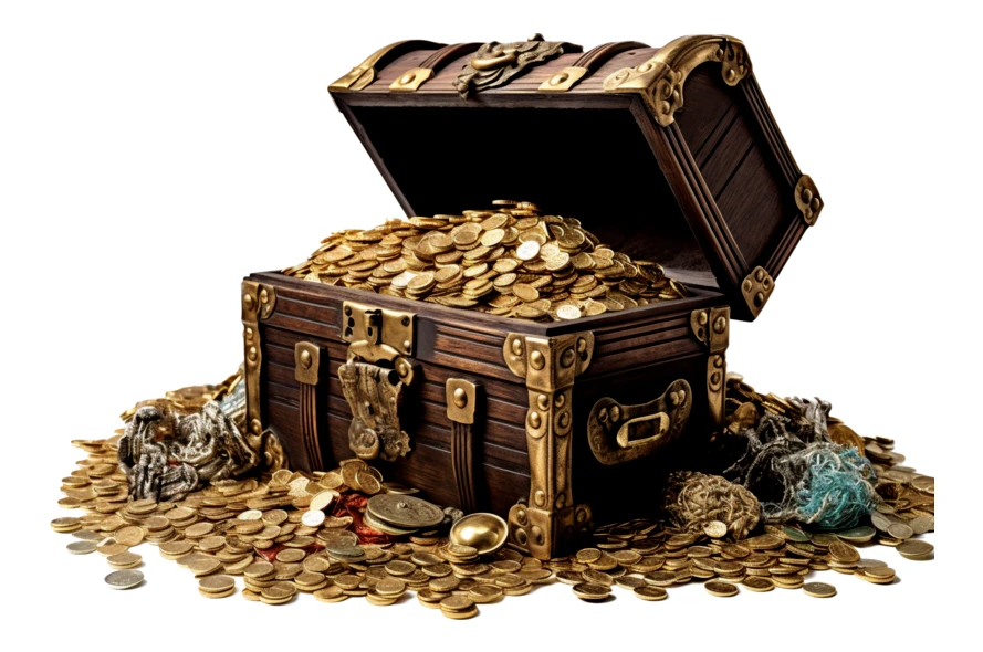 Open wooden treasure chest overflowing with gold coins