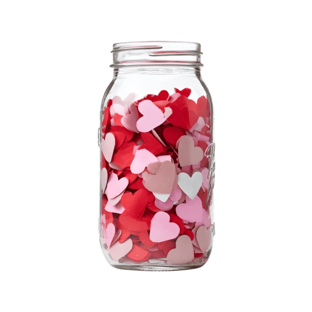 Glass mason jar filled with red and pink paper hearts
