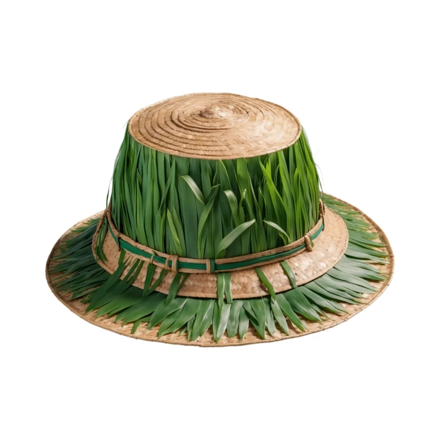 Traditional straw hat decorated with green grass on white background