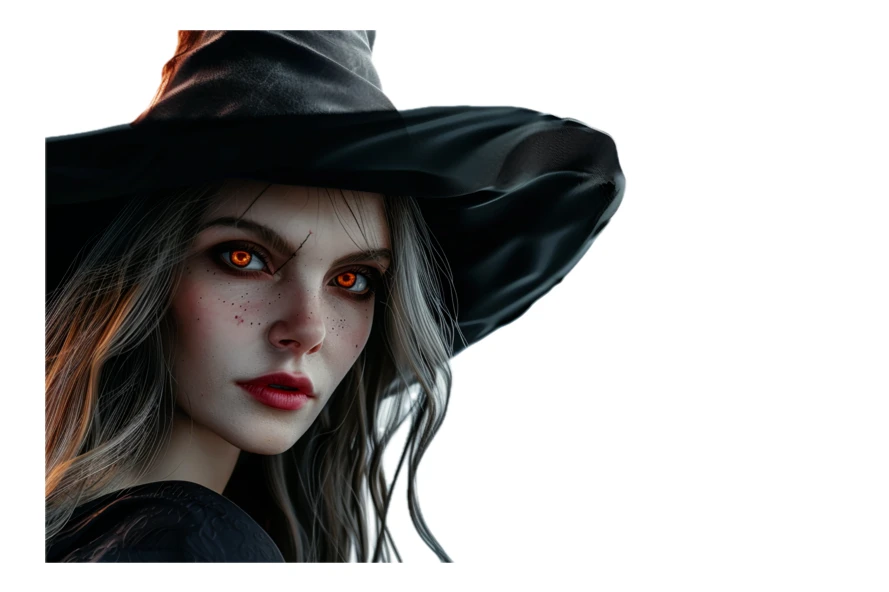 Portrait of a mysterious witch with glowing orange eyes